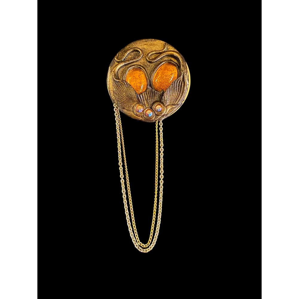 Steampunk Fantasy Abstract Vtg Art Nouv. Style Brooch Pin Amber Cabochon Stones